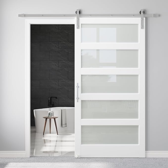 42x84 White Glass Barn Door and 7FT Brushed Nickel Track,Handle,Floor Guide