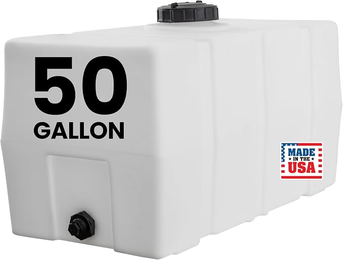 82123919 Horizontal Square Reservoir Water Tank, 50 Gallon, Made in USA, Natural Poly Tank for Non-Flammable Liquids, UV-Resistant, Ideal for Agricultural Use, RV Water Storage, White