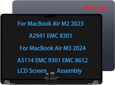 15" Screen Replacement for MacBook Air M2 A2941 EMC 8301 M3 A3114 EMC 9301 EMC 8612 2023 2024 LCD Screen Complete Top Display Assembly (Midnight/Blue)