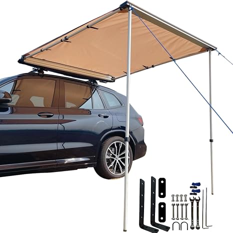Car Awning Pull-Out Roof Rack Vehicle Awning UPF50+ Sun Shelter Canopy for SUV Truck Camper Overland Camping, 6.5x6.5ft Khaki