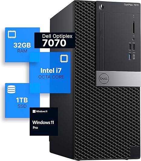 Dell Optiplex 7070 Tower Desktop Computer | Intel i7-9700 (3.4) | 32GB DDR4 RAM | 1TB SSD Solid State | Windows 11 Pro | Internal Wi-Fi 6 PCIe Adapter (Renewed)