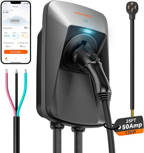 WOLFBOX 50amp Level 2 EV Charger,Hardwired with J1772 Connector,240V(WE50)