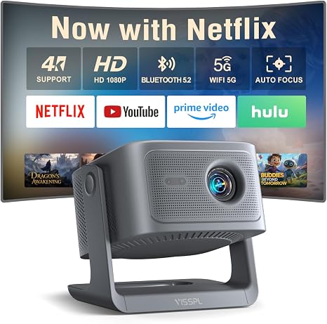 【Now with Netflix】Smart 4K Projector with WiFi and Bluetooth, VISSPL 3D Dolby Audio and Auto Focus Portable Outdoor Projector, Movie Home Theater Projectors TV Lamp Bulb for Bedroom/Ceiling