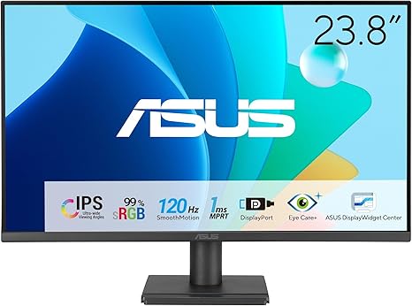 ASUS 24” 1080P Computer Monitor (VA249QG) – IPS, Full HD, 120Hz, 1ms, Adaptive-Sync, 99% sRGB, Speakers, HDMI, DisplayPort, VGA, Low Blue Light, Flicker-Free, VESA Mountable, 3yr Warranty