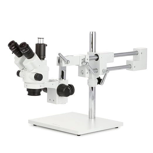 AmScope SM-4NTPX 45X Simul-Focal Stereo Lockable Zoom Microscope on Dual | 3.5X-45X Magnification Range 76mm Stereo Microscope Holder Ring 360° Multi-Axis Head Rotation Heavy-Duty Boom Stand