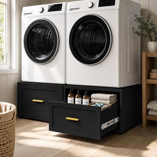2 Pack Metal Washer and Dryer Pedestals, 28" W Heavy Duty Washer Dryer Pedestal, 16" H Washer Pedestal with Drawer, 440LBS Universal Laundry Pedestal for Washer and Dryer (2pack-Black)