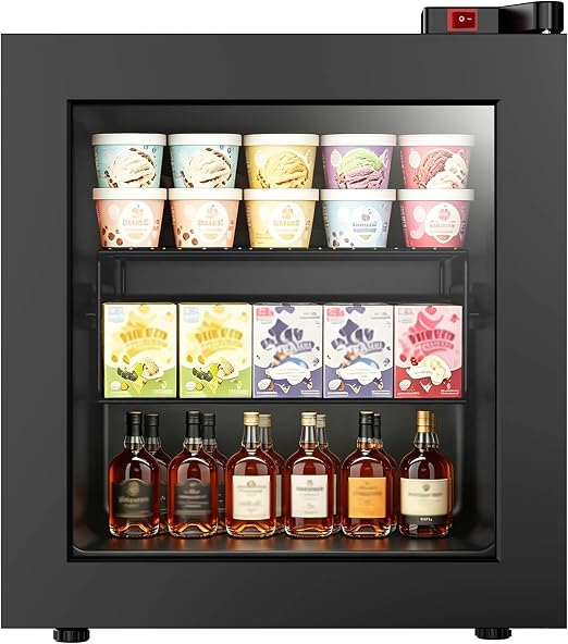 1.1 Cu Ft Mini Freezer Display Freezer with LED Light 2 Removable Shelves 7 Temperature Settings -8°F to 14°F Perfect for Liquor and Ice Cream Match Day Parties, Home Bar Game Day &Soccer Party