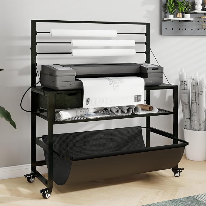 Natwind Wide Format Printer Stand, Plotter Workbench Table,Black | With Pull-out Drafting Collection,Roll Paper Holder,Accessory Drawer,Adjustable Storage Shelf for Plotters & Cutting Machines