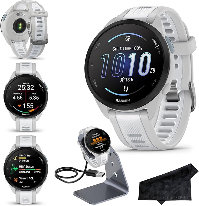 Garmin Forerunner 165 GPS Running Smartwatch, Mist Gray/Whitestone, Advanced Health - Fitness Insights, Sleep Coach, Training Plans, Garmin Pay, Signature Series Charging Stand Bundle