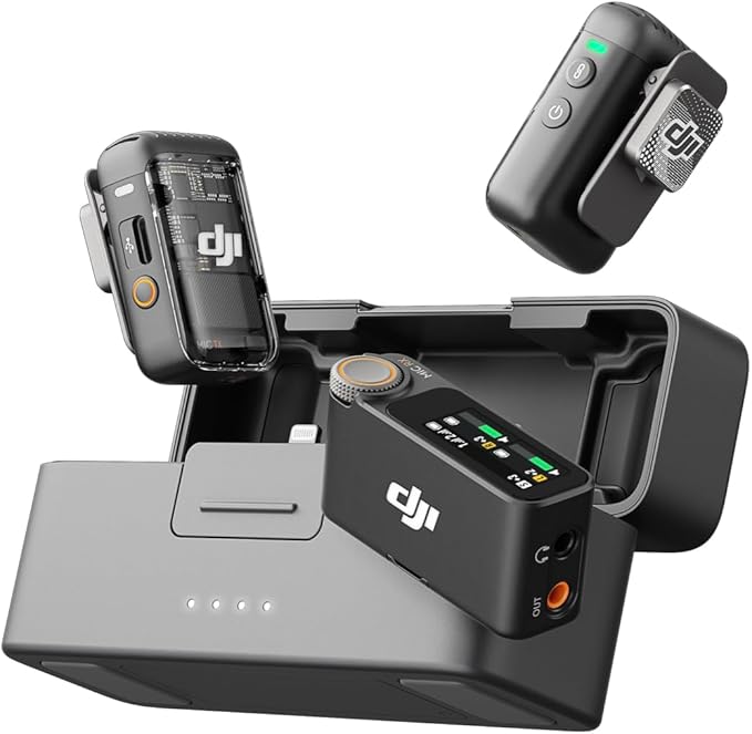 DJI Mic 2 (2 TX + 1 RX + Charging Case), All-in-one Wireless Microphone | Noise Cancelling, 32-bit Float Internal Recording, 250m (820 ft.) Range, Mic for iphone, Android, Camera, Vlogs