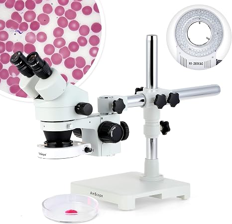 AmScope SM-3BZ-80S SM-3B Series Binocular Zoom Stereo Microscope - 90X | 3.5X-90X Magnification Range 76mm Stereo Microscope Holder Ring 360° Multi-Axis Head Rotation Single-Arm Boom Stand