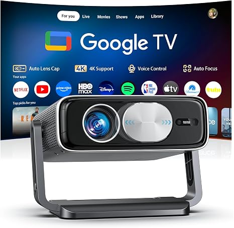 Smart 4K Projector [Bundled with Google TV Stick] with WiFi and Bluetooth, 3000ANSI, Auto Lens Cap, Portable Outdoor Movie Projector with Built-in Apps Auto Focus for Ceiling/Home Theater/Bedroom