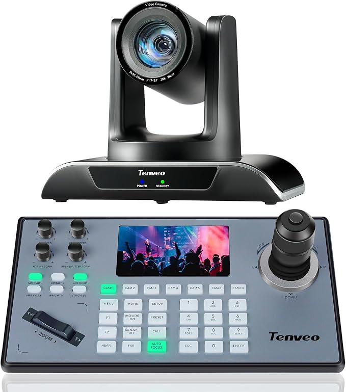 Tenveo PTZ Camera and Controller - 20X AI Humanoid & Face Auto-Tracking PTZ Camera with HDMI/USB3.0/LAN(PoE) and NDI PTZ Controller Joystick Keyboard Bundle for Church Worship Service Live Streaming