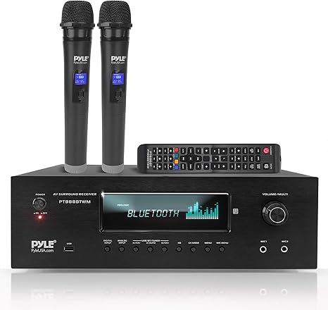 Pyle 1000W Bluetooth Home Theater Karaoke Receiver - 5.2-Ch Stereo Amplifier 2 UHF Wireless Microphone Video Pass-Through Supports, MP3/USB/HDMI/AM/FM Radio - Pyle PT888BTWM.5