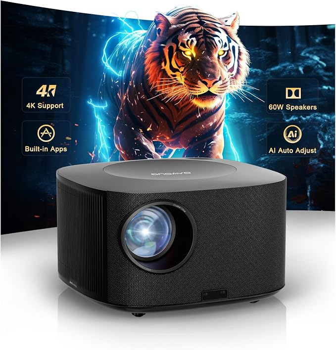 Ultra-High Bright, 60W Dolby Audio, AI Auto Focus, ONOAYO Smart TV OS 2.0, Supports PS5, HDMI, USB, Laptop for Indoor/Outdoor