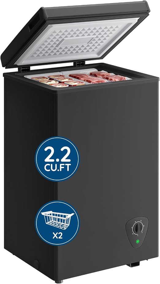 2.2 Cu.Ft Mini Chest Freezer, Compact Deep Freezer with 7 Adjustable Thermostat, Top Open Door & Removable Basket, Single Door Freezer for Home, Garage and Apartment Black