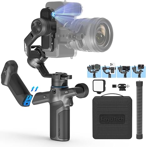 Feiyu SCORP Mini 3 Pro Kit, Gimbal Stabilizer for Camera,iPhone,Action Cam | Built-in AI Tracking , 4.4lb Payload , Detachable Screen Handle , w/Case, Light , Vertical Shoot, For Canon/Sony/Nikon Camera