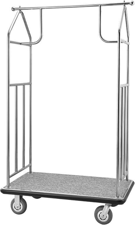 VEVOR Hotel Luggage Cart, Brushed Stainless Steel Finish Bellman's Cart, Valet Cart with Grey Carpeted Deck and 6-inch Rubber Wheels, Ideal for Hotels, Condos, Resorts, Silver