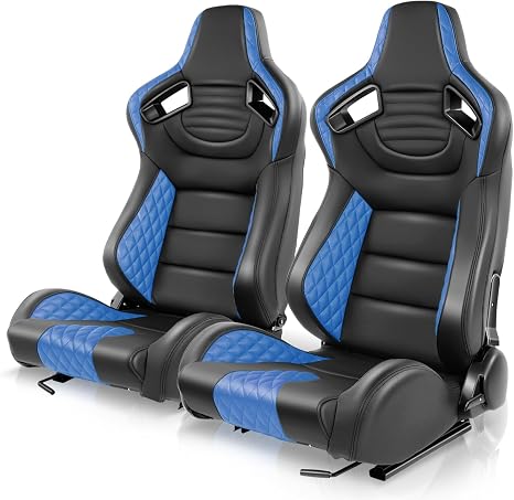 Auto Dynasty Pair of Racing Seats Universal Vinyl Leather Reclinable Bucket Seats with Bottom Mount Sliders, 38 (H) x 21 (W) x 22 (D) Inches, Driver and Passenger Side, Black/Blue