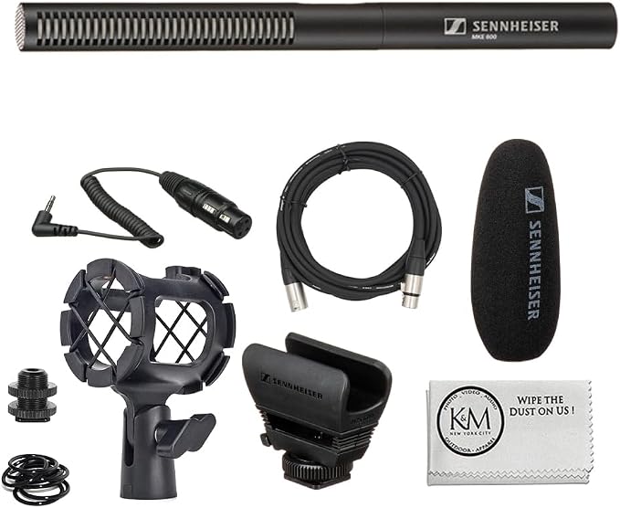 Sennheiser MKE 600 Shotgun Microphone Bundled with Universal Shockmount + 20-Feet XLR Microphone Cable + Microfiber Cleaning Cloth (4 Items)
