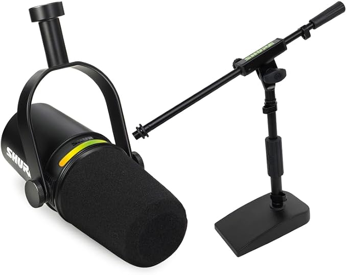 Shure MV7+ Podcast Dynamic Microphone with Low Profile Mic Stand. OBS Certified, Enhanced Audio, LED Touch Panel, USB-C & XLR Outputs, Auto Level Mode, Digital Pop Filter, Reverb -Black