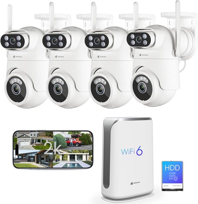 Kittyhok Home Security Camera System Wireless, Dual Lens 2K Outdoor Cameras | 4-Cam Kit, 2.4/5GHz WiFi, 360° PTZ, Auto Tracking, Motion Detection, Color Night Vision, 2-Way Audio, 10CH NVR with 500GB HDD