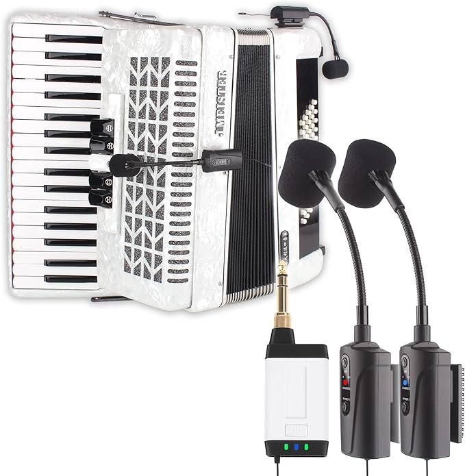 Accordion Wireless Microphone with 2 Transmitter Q2/AT-5A Piano Accordion Pickup with Gooseneck Mic Wireless Receiver & 2 Transmitter Microphone System Designed for Accordion