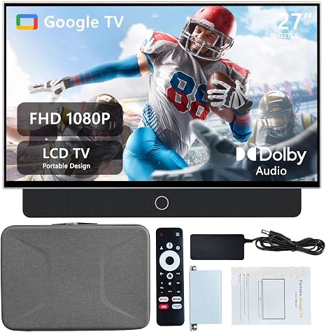 27 inch Portable TV FHD 1080P Android14 OS with Google TV,9000mAh Battery,Dolby Audio,100%sRGB,Google Assistant,Leather Handle,Streaming Android TV with Carry Case for Outdoor Travel Camping,White