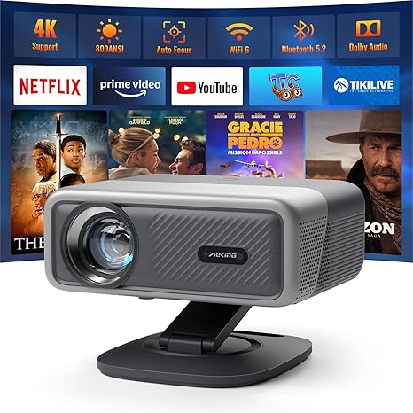 [Compatible with Netflix & Auto Focus]4K Projector with WiFi and Bluetooth,TOF Real-Time Auto Focus Smart Projector, Upgrade for AuKing Overhead Projectors Theater Proyector with Omni-Adjustable Stand