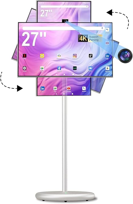 27" FHD Smart Portable TV, Rolling TV on Wheels, Android 15 OS, 6G +128GB Storage, Portable Touch Screen Monitor, 13MP Camera, Built-in Battery, 60Hz Refresh Rate, Full Swivel Rotation, Voice Remote