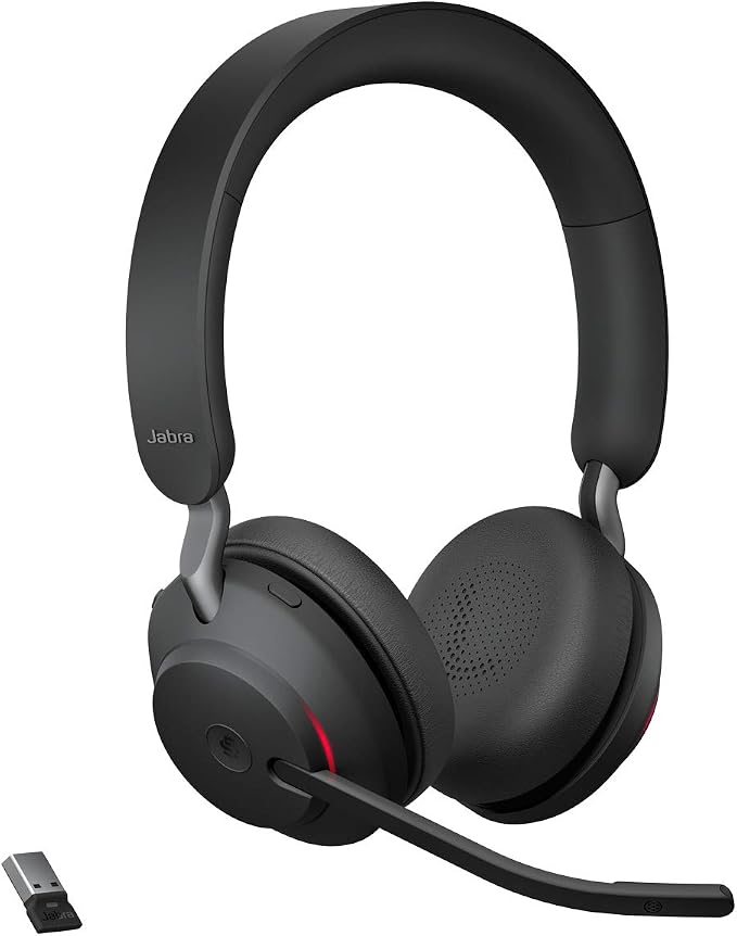 Jabra Evolve2 65 Bluetooth Wireless Headset with Mic for Calls and Music, Dual-Ear Headphones with USB-A Adapter, Up to 37 Hours Battery, Noise-Cancelling, Works with Microsoft Teams, Black (189)
