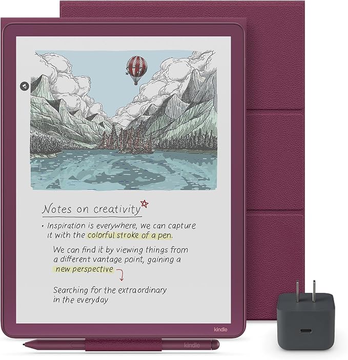 Amazon Kindle Scribe Essentials Bundle - Amazon Kindle Scribe Colorsoft (64GB) - Fig, Premium Pen, Premium Leather Folio Cover-Fig,Power Adapter