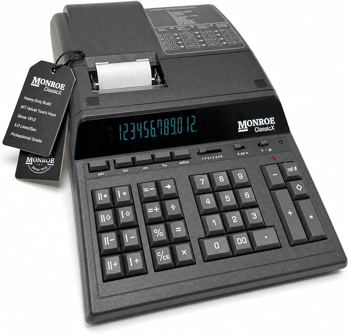 Monroe ClassicX 12-Digit Heavy-Duty Printing Calculator - Enclosed Paper Roll, Velvet Touch Keys, 5 Lines/Sec, Dual Memory - Professional Accounting Calculator