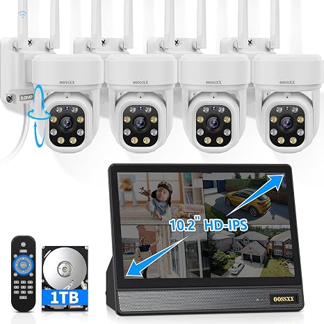 5MP WiFi Security Camera System Outdoor, 10.2" IPS Monitor NVR, 1TB HDD | 2-Way Audio, Auto-Tracking, AI Human Detection, No Monthly Fee, Remote Control