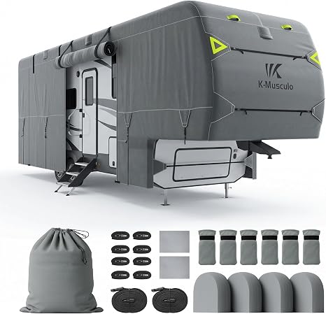 K-Musculo 5th Wheel RV Cover 29-33FT, 7 Layer Top Heavy Duty 5th Wheel Camper Cover, Extra-Thick Waterproof Windproof Anti-UV Rip-Stop Camper Cover, 6 Gutter Covers & 4 Tire Covers