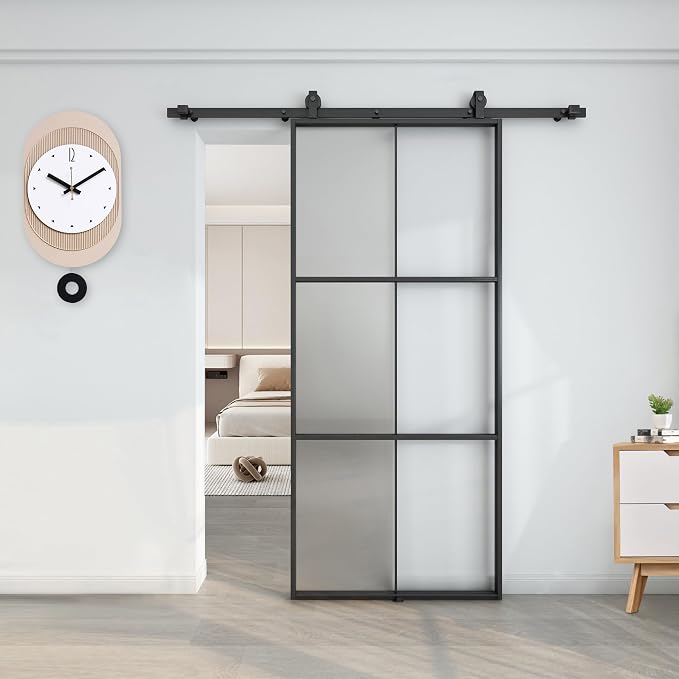 BARNSMITH 42in x 96in Glass Barn Door with 7FT Hardware Included, Aluminum Alloy Frame Frosted Tempered Glass, 6-Lite Lightweight Sliding Barn Door, Easy Assembly