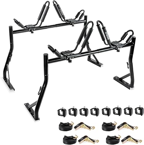Model X35 Truck Rack with 8 Non-Drilling C-Clamps and 2 Sets Kayak J-Racks with Ratchet Lashing Straps & Ratchet Bow and Stern Tie Down Straps