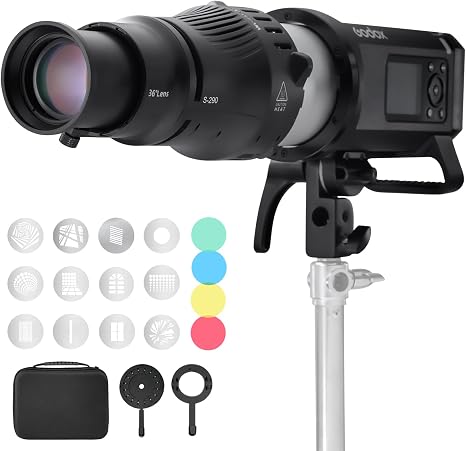 WELLMAKING Bowens Mount Optical Snoot Kit with 36° Lens for Photography | S-290,Adjustable Focus, Aperture Modifier, 4 Color Filters&12 Gobo Patterns, LED Strobe Compatibility, Creative Light Effects
