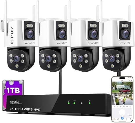 xmartO 4 Dual-Lens Wireless Camera Kit, 8-View WiFi6 Mesh Long Range Security System, 16CH 4K Dual Band NVR, 4MP 180° Static FOV & 360°PTZ AI Tracking, 24/7 Plug-in, 1TB HDD, No Monthly Fee