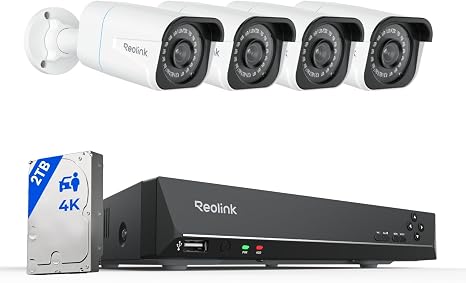 REOLINK 8CH 8MP/4K Security Bullet Camera System with 2TB HDD RLK8-800B4 | 4pcs PoE Security Cameras Wired with Person Vehicle Detection, H.265, 8CH NVR with 24-7 Recording High Bitrate&Clear Stream