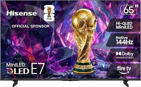 Hisense 65" E7 Cinema Series Hi-QLED Mini-LED 4K UHD Smart Fire TV (65E7SF, 2026 NEW) - Native 144Hz, AI Picture, Dolby Vision IQ · Atmos, FALD, HDR10+ Adaptive, MEMC, Alexa+