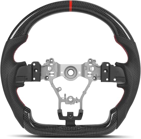 Real Carbon Fiber Steering Wheel for Subaru Impreza WRX & STI 2015-2021 VA Chassis, JDM Style Flat Bottom Red Stripe Non-Slip Perforated Nappa Leather Grips, Interior Replacement Upgrade