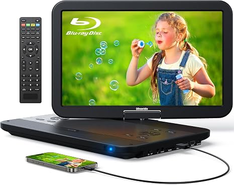 17.5" Portable Blu Ray DVD Player with 15.4" 1920X1080 HD Large Screen, 4000mAh Battery, Surround Audio Sound, Support HDMI in/Out, USB/SD Card Reader, MKV MP4 Playback, Sync TV