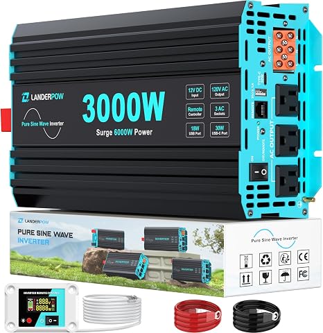 3000W Pure Sine Wave Inverter 12V DC to 120V AC 6000W Peak for RV