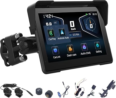 7"" Waterproof Motorcycle GPS Navigation with CarPlay Android Auto, Motorcycle CarPlay with TPMS, BSD Blind Spot Radar Support 256GB for Moto