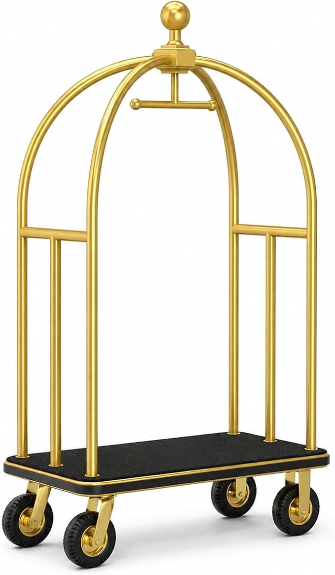 Hotel Luggage Cart, 1600 lb Bellman's Cart with 8-Inch Silent Wheels, Gold