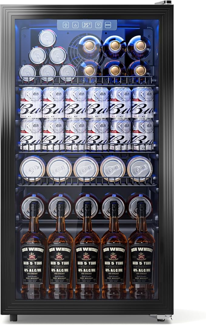 3.2 Cuft Beverage Fridge, 130 Can Mini Fridge With Glass Door, Black