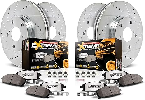 PowerStop Front & Rear Brake Kit For Chevy Silverado 1500 2014-18 | Cadillac Escalade 2015-20 - Truck & Tow Carbon Fiber Ceramic Brake Pads + Drilled & Slotted Rotors Upgrade, K6560-36