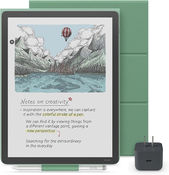 Amazon Kindle Scribe Essentials Bundle - Amazon Kindle Scribe Colorsoft (64GB) - Graphite, Premium Pen, Plant-Based Leather Folio Cover-Matcha,Power Adapter