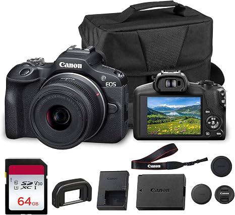 Canon EOS R100 Mirrorless Camera with RF-S 18-45mm Lens Bundle | For Beginners | 24.1MP APS-C Mirrorless Camera | Full HD Video | Dual Pixel AF + 64GB Memory Card + Camera Bag